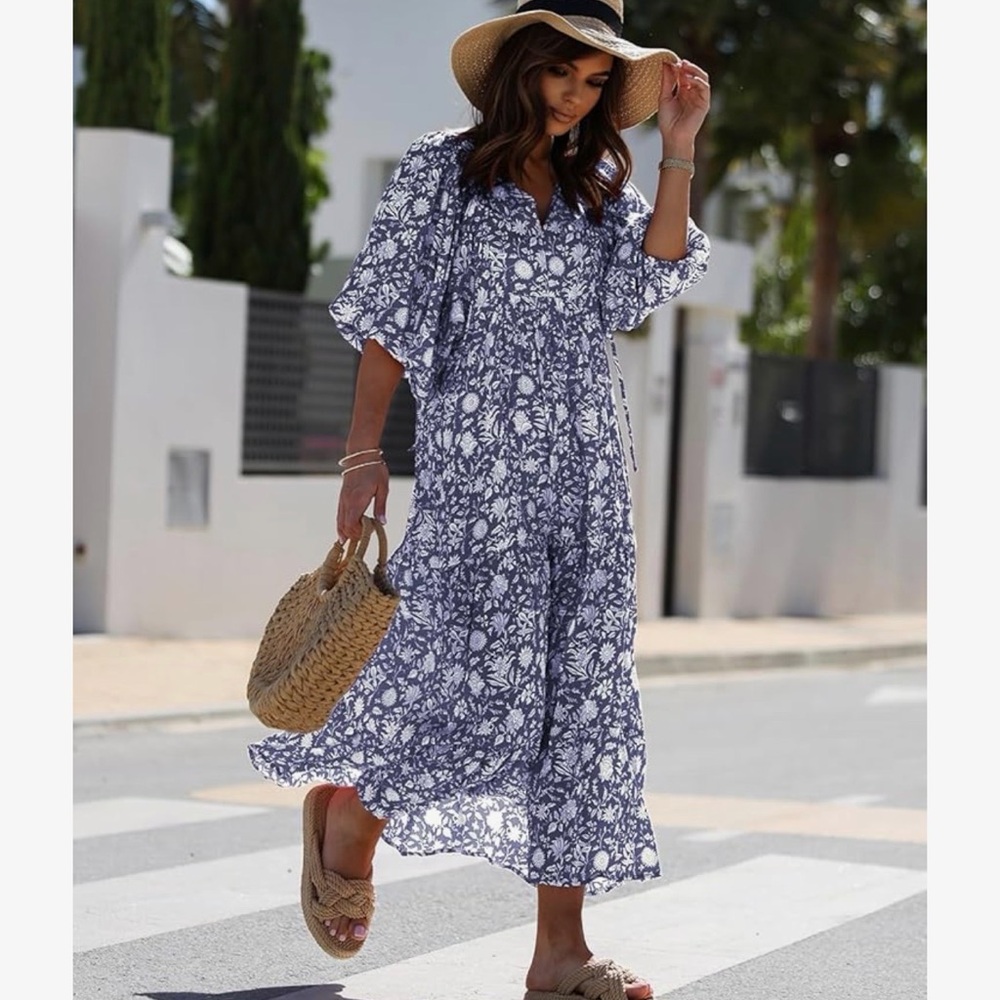 Blue and White Floral Maxi Dress